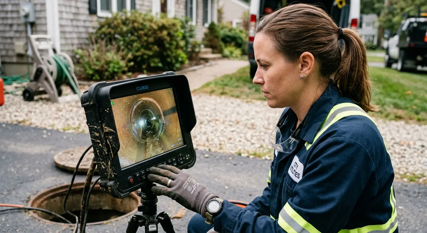 Technician reviewing sewer camera inspection footage in Lake Wylie