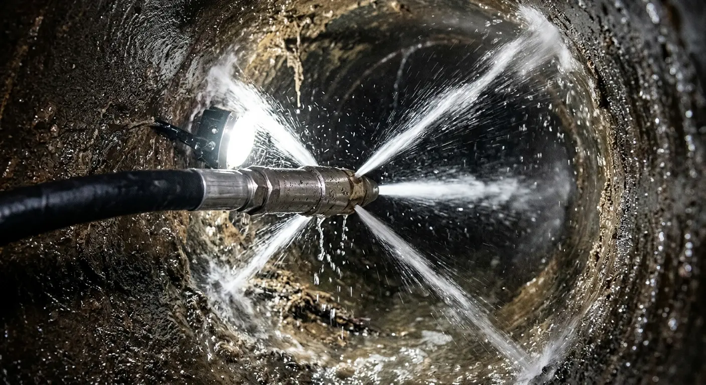 High-pressure hydro jetting nozzle cleaning sewer pipe for Emergency Drain Service in Lake Wylie
