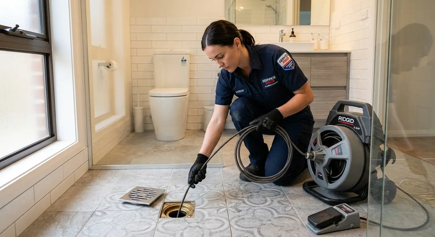 Technician clearing a bathroom floor drain for Sewer Line Replacement in Lake Wylie